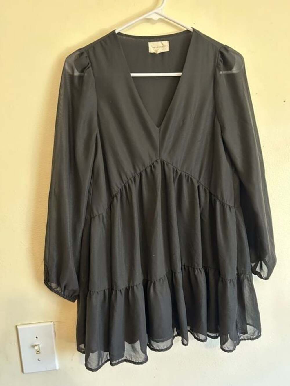 MELLODAY Black V-Neck Tiered Mini Dress with Sheer Long Sleeves
